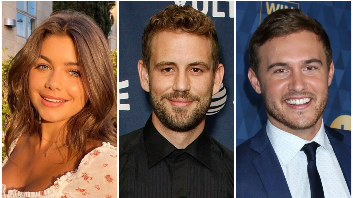 Hannah Ann Wears Flowered Shirt With Red Pants Bachelor Nick Viall Black Button Down Shirt Bachelor Peter Weber Wears Blue Suit and Tie