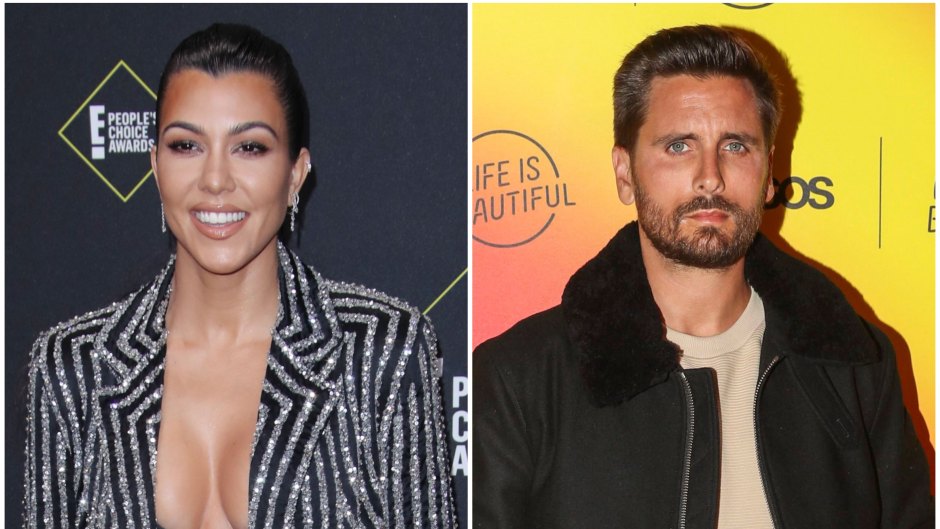 Kourtney Wears Sparkly Striped Suit With Bra Top Scott Disick Wears Black Bomber Jacket and Tan Tshirt