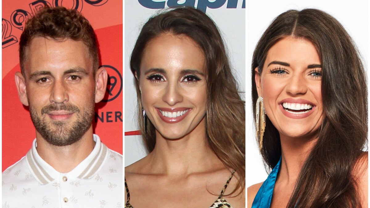 Bachelor Nick Viall Wears White Polo Shirt Vanessa Grimaldi Smiles in Silk cheetah Print Dress Bachelor Contestant Madison Prewett Headshot in Blue Silk Top and Gold Earrings