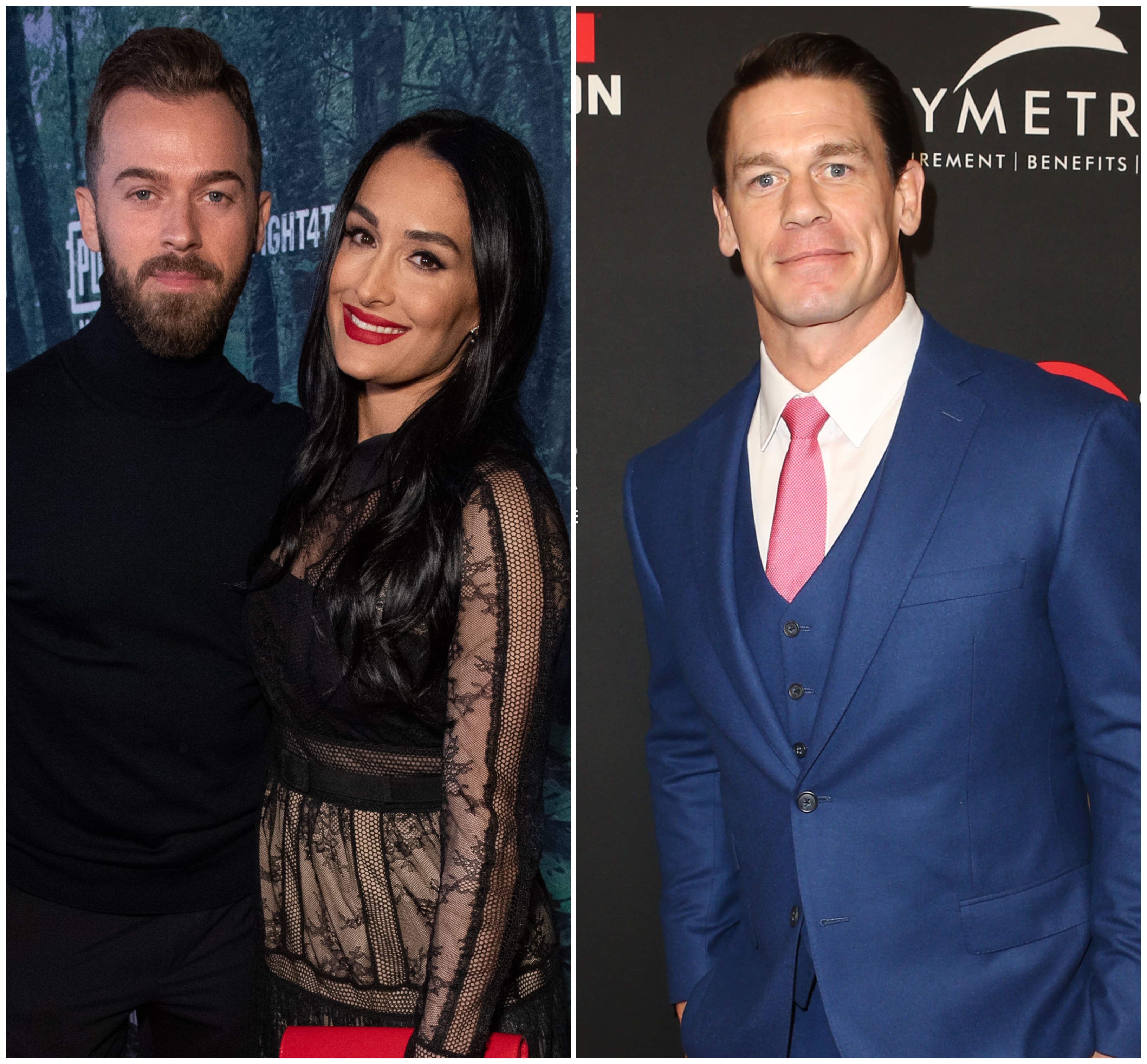 Nikki Bella Wears Black Lace Dress and Red Lipstick With Fiance Artem Chigvintsev in Black Turtleneck Split Image With John Cena in Blue Suit and Pink Tie