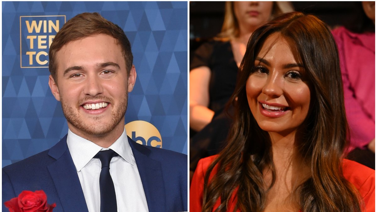 Bachelor Peter Weber Wears Blue Suit and Holds Rose Kelley Flanagan Wears Red Dress at After the Final Rose