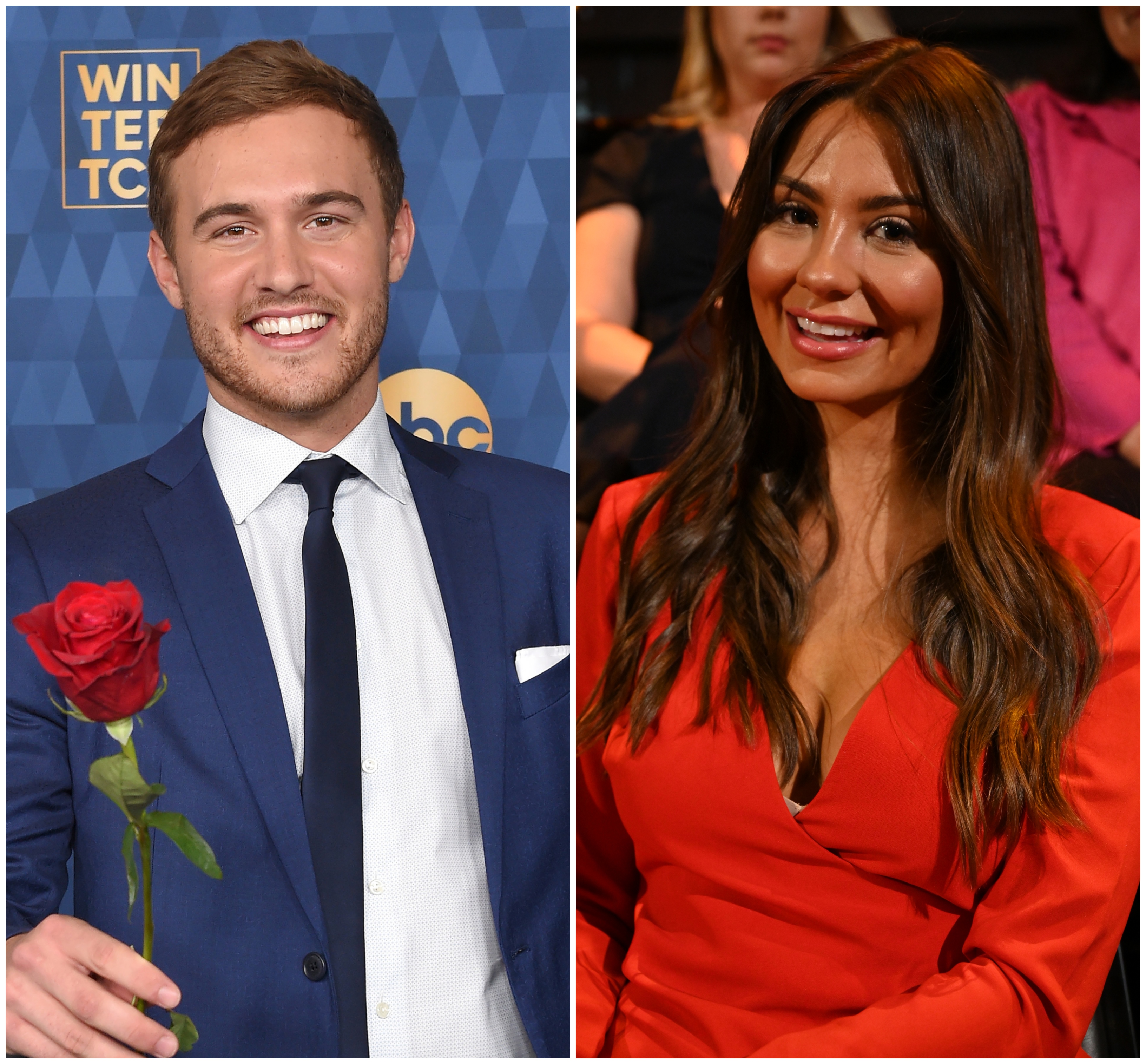 Bachelor Peter Weber Wears Blue Suit and Holds Rose Kelley Flanagan Wears Red Dress at After the Final Rose