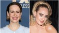 Sarah Paulson Wears Button Up Blue Striped Blouse Adele Wears Off the Shoulder Black Velvet Dress With High Ponytail