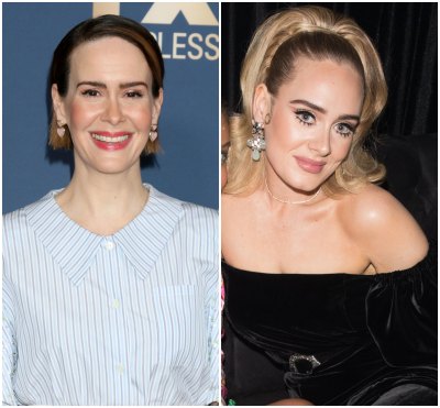 Sarah Paulson Wears Button Up Blue Striped Blouse Adele Wears Off the Shoulder Black Velvet Dress With High Ponytail