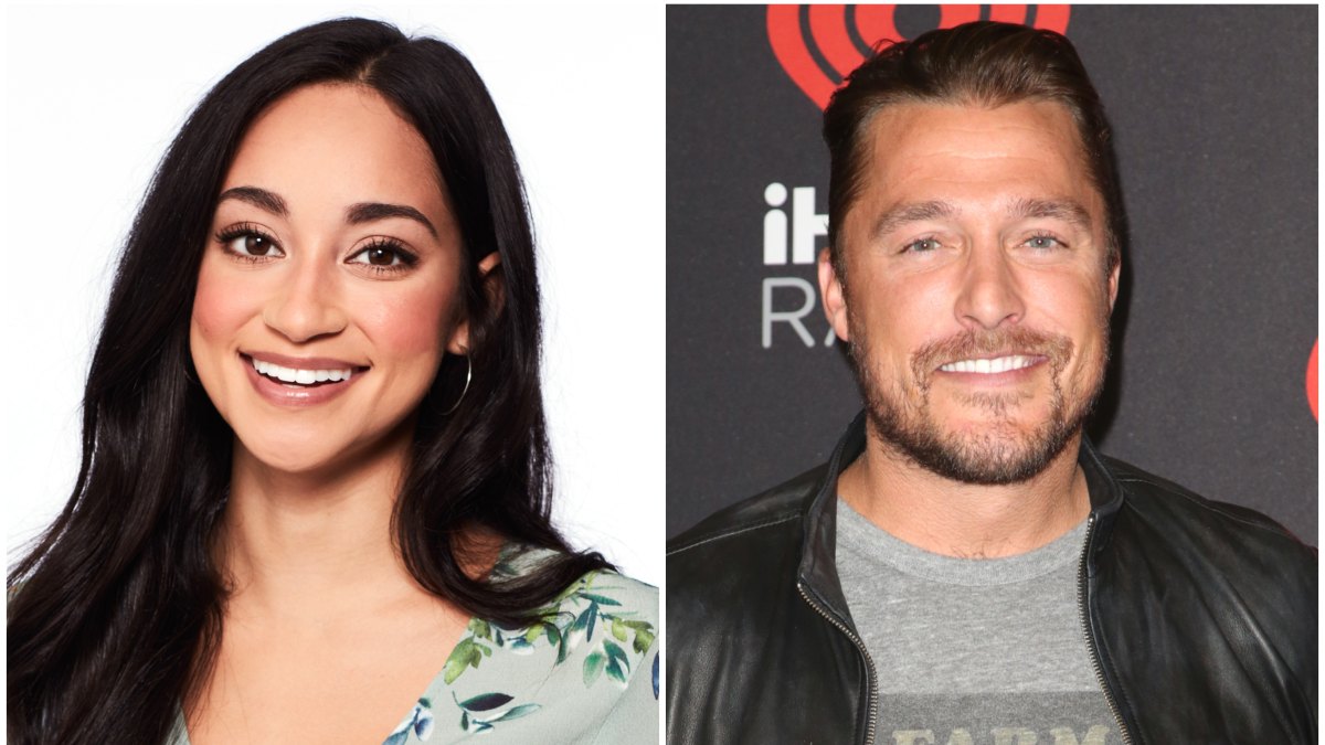 Bachelor Contestant Victoria Fuller Smiles in Flowered Blouse Bachelor Chris Soules Wears Tshirt and Leather Jacket