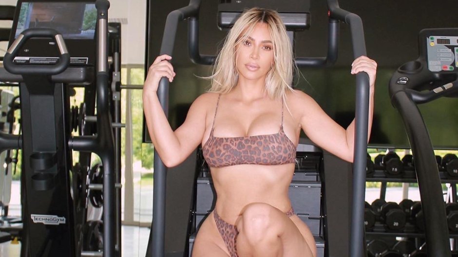 Kim kardashian Wears Leopard Print Bra and Underwear in Workout Photos