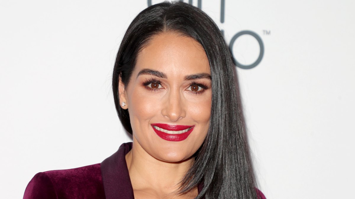 Nikki Bella Smiles in Maroon Velvet Suit