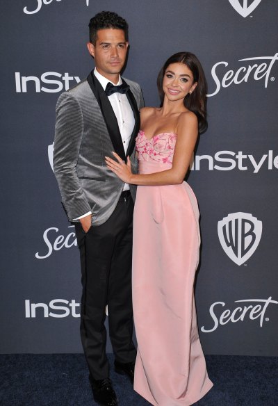 Sarah Hyland Wears Strapless Pink Dress With Fiance Wells Adams in Grey Velvet Blazer and Tux