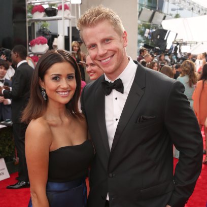 Bachelor Sean Lowe Wears Black Tux With Wife Catherine Giudici in Strpess Gown on Red Carpet