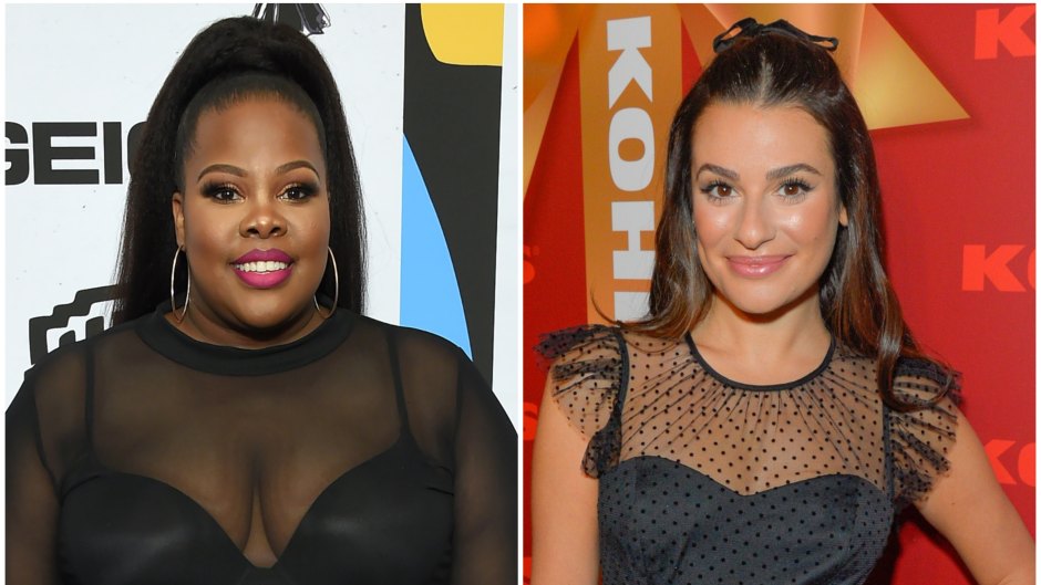 Amber Riley Wears Black Sheer Gown High Ponytail and Pink Lipstick Lea Michele Wears Black Polka Dot Gown With Ribbon in Her Hair