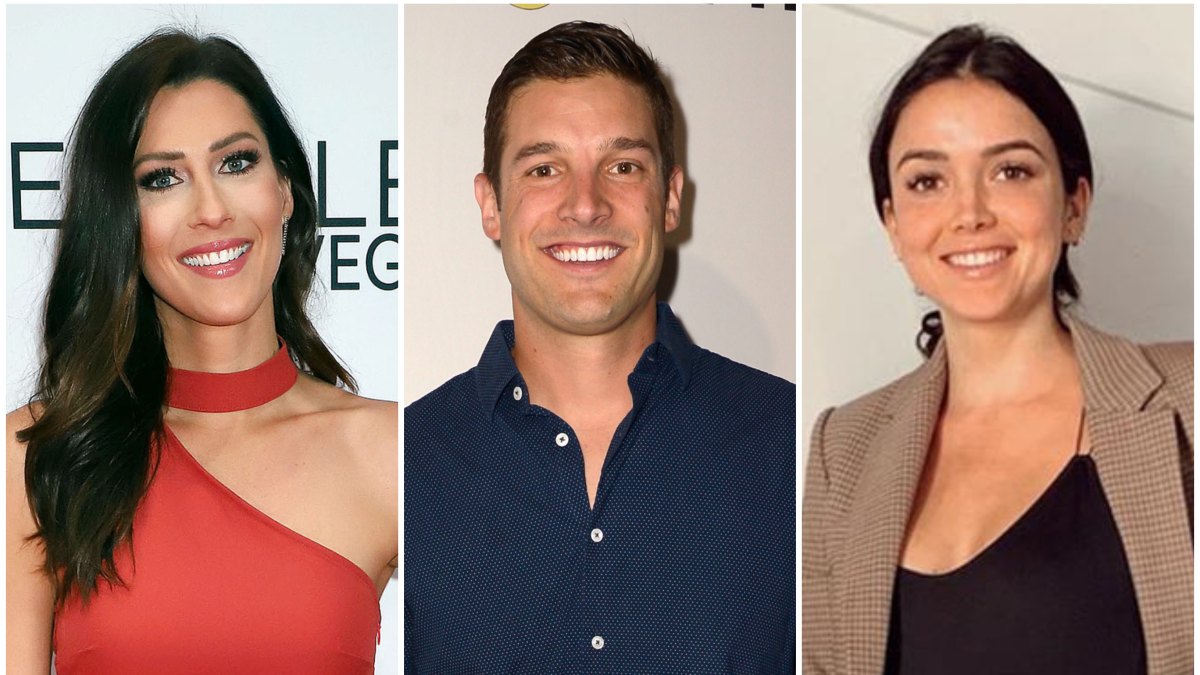 Bachelorette Becca Kufrin Wears One Shoulder Red Dress Her Fiance Garrett Yrigoyen Smiles in Blue Button Down Shirt Bachelor Nation Star Bekah Martinez Wears Black Jeans and Tan Blazer
