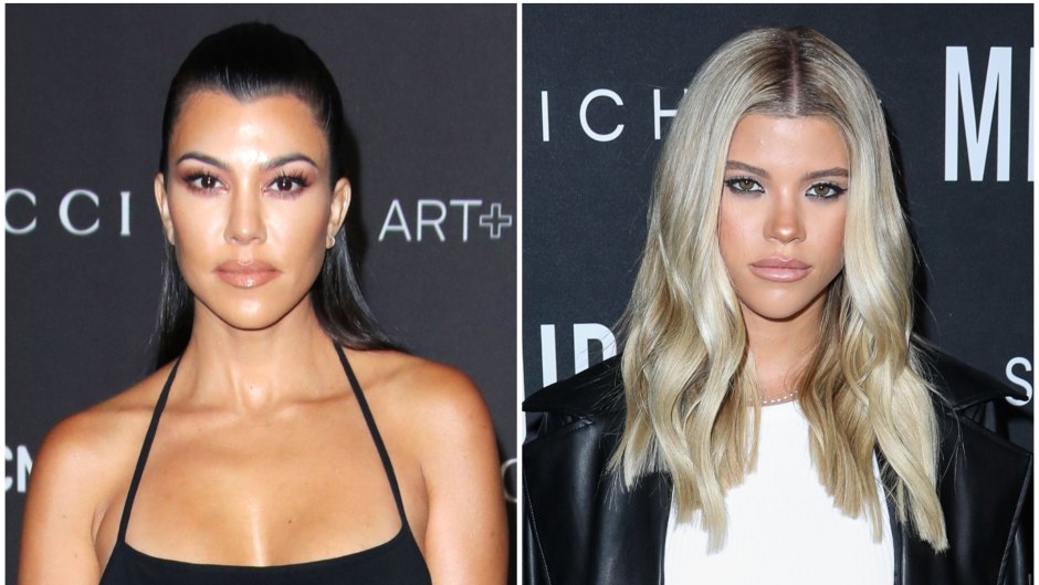 Kourtney Kardashian Wears Hair Half Up and Black Halter Gown Sofia Richie Wears Leather Jacket and Pants With Whit Crop Top