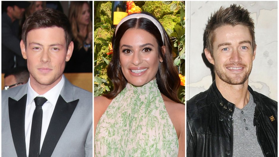 Glee's Cory Monteith Wears Grey Suit With black Lapels Lea Michele Smiles in Flowered Dress and White Headband Robert Buckley Wears Black Leather Jacket and Grey Tshirt