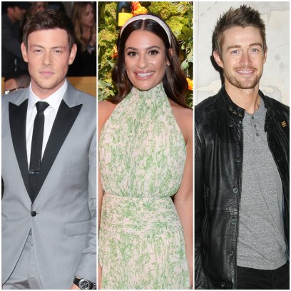 Glee's Cory Monteith Wears Grey Suit With black Lapels Lea Michele Smiles in Flowered Dress and White Headband Robert Buckley Wears Black Leather Jacket and Grey Tshirt