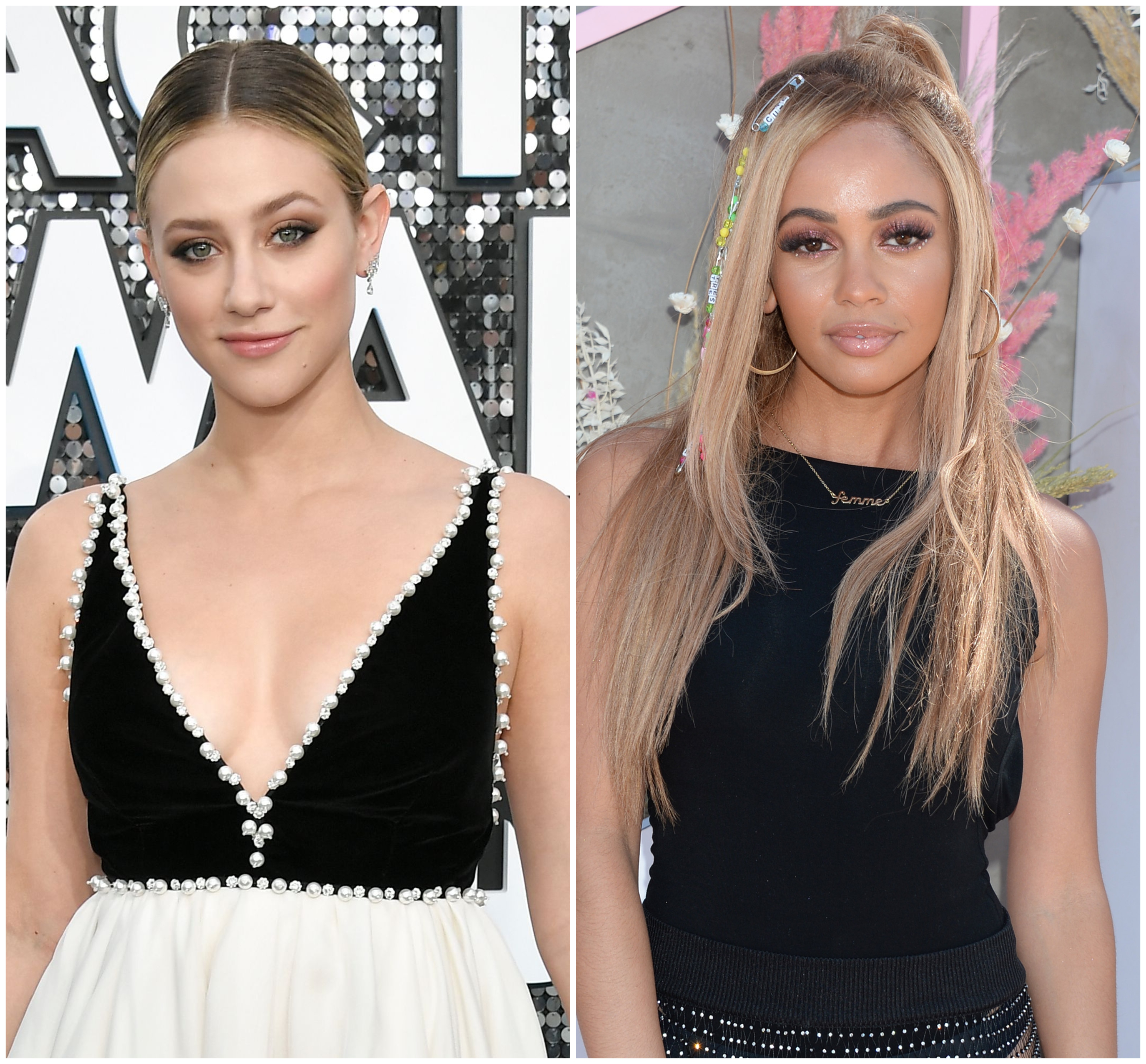 Riverdale Lili Reinhart Wears Black and White Gown With Hair Pulled Back Vanessa Morgan Wears Black Bodysuit with Hair Half Up