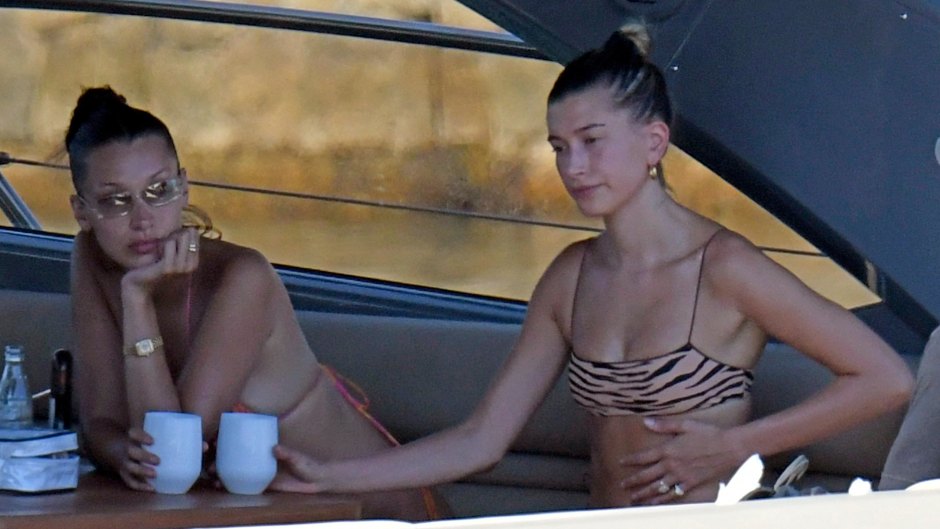 Hailey Baldwin Bieber Rocks Tiger Print Bikini on Yacht in Sardinia With Bella Hadid