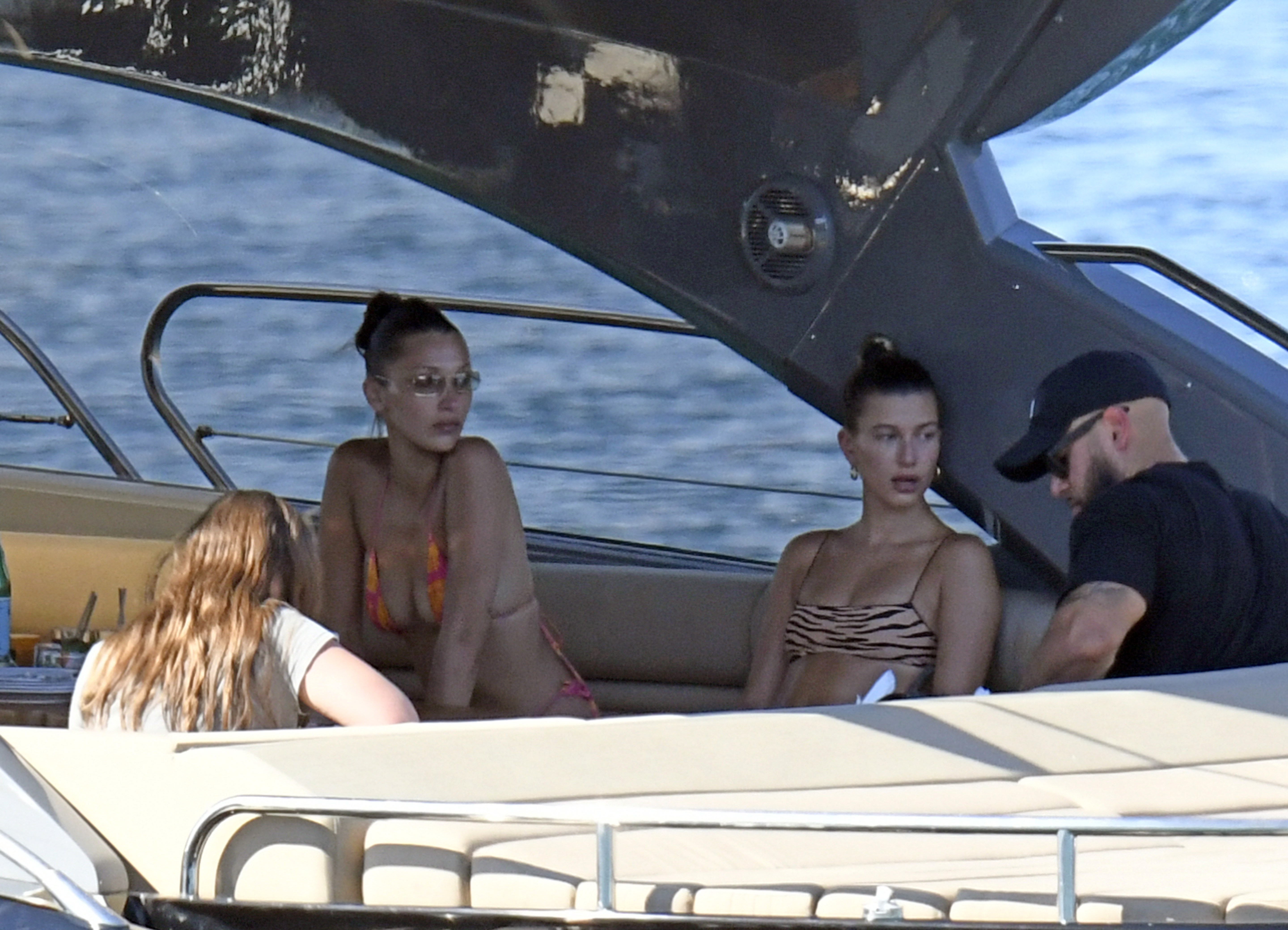 Hailey Baldwin Bieber Rocks Tiger Print Bikini on Yacht in Sardinia With Bella Hadid