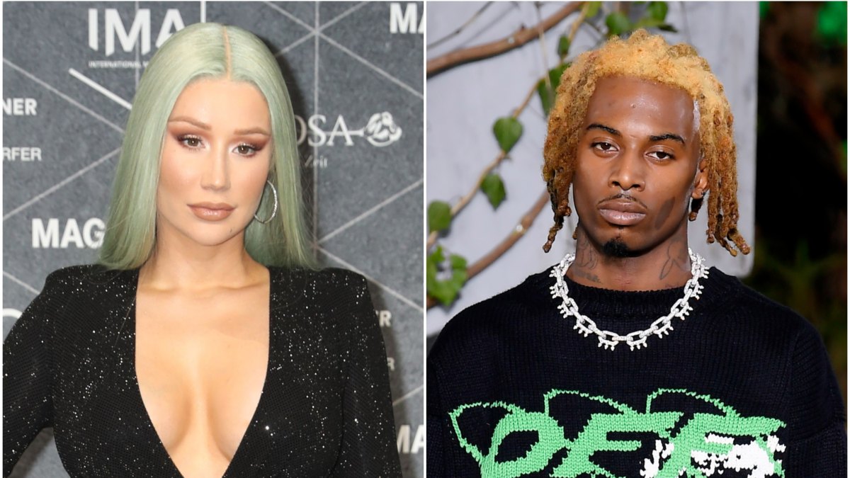 Iggy Azalea Has Blue Green Hair in Black Wrap Dress Playboi Carti Walks in Off White Louis Vuitton Fashion show