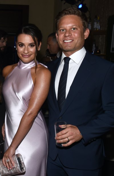 Lea Michele Wears Pink Silk Dress and Smiles With Husband Zandy Reich
