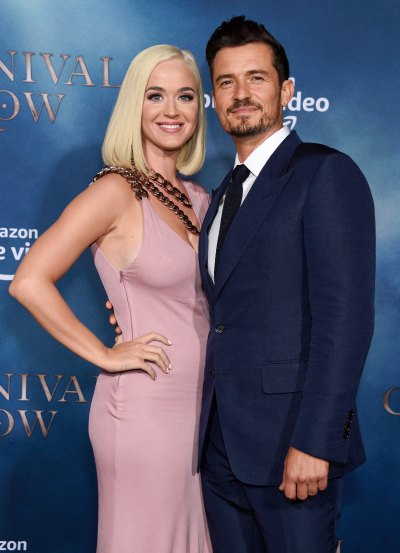 Katy Perry Wears Pink Dress and Chains With Orlando Bloom in Blue Suit