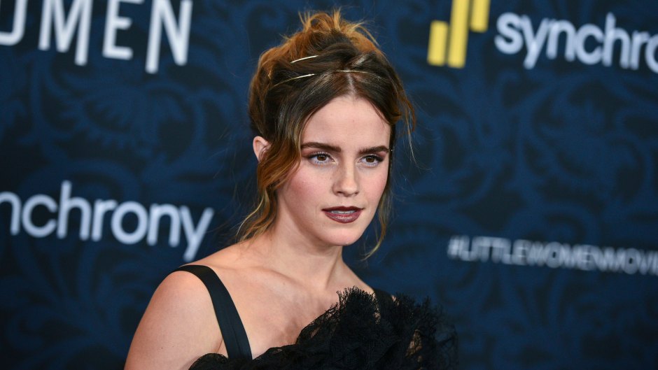 Emma Watson Wears Black Ruffled Gown and Her Hair UP at Little Women Premiere