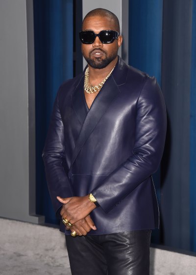 Kanye West Wears Blue Leather Suit and Sunglasses Vanity Fair Oscars Party