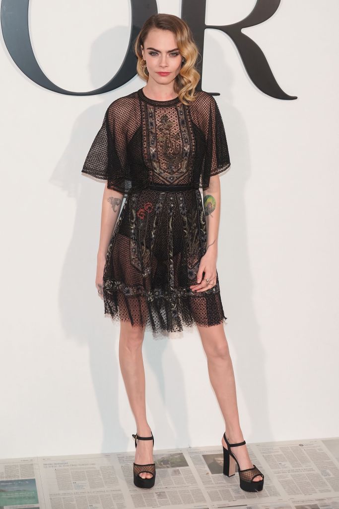 Cara Delevingne Black Lace Dres at Dior Show