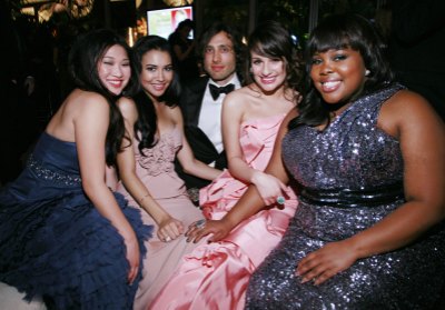 Glee Stars Jenna Ushkowitz, Naya Rivera, Brad Falchuk, Lea Michele and Amber Riley Dressed Up at Golden Globes 2011