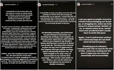 Cassie Randolph Slams Colton Underwood for Threatening to Monetize Their Breakup
