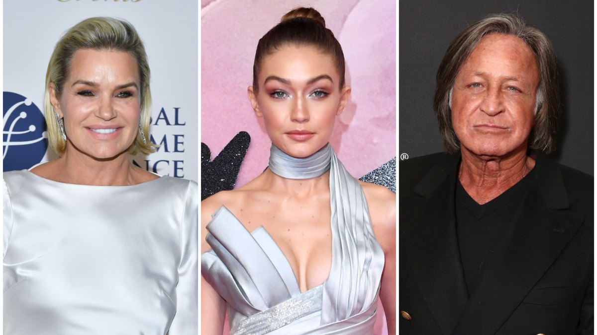 Yolanda Hadid in White Silk Dress Gigi Hadid and Blue Silk Dress and Mohamed Hadid in Black Suit