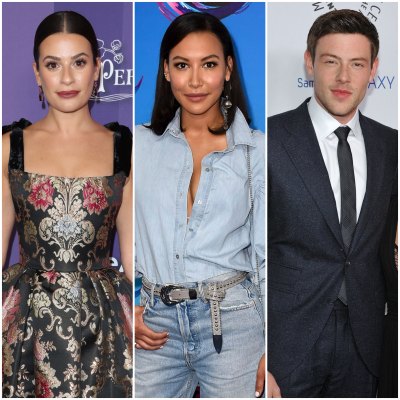 Lea michele Wears Dark Red Lipstick and Flowered Gown Naya Rivera Short Hair With Jeans and Blue Blouse Cory Monteith Wears Grey Suit