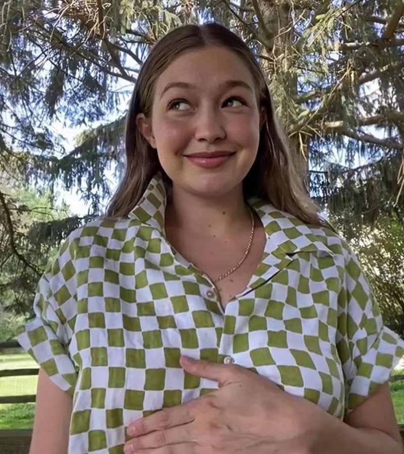 Gigi Hadid Pregnant Shows Baby Bump in Green Checkered Shirt