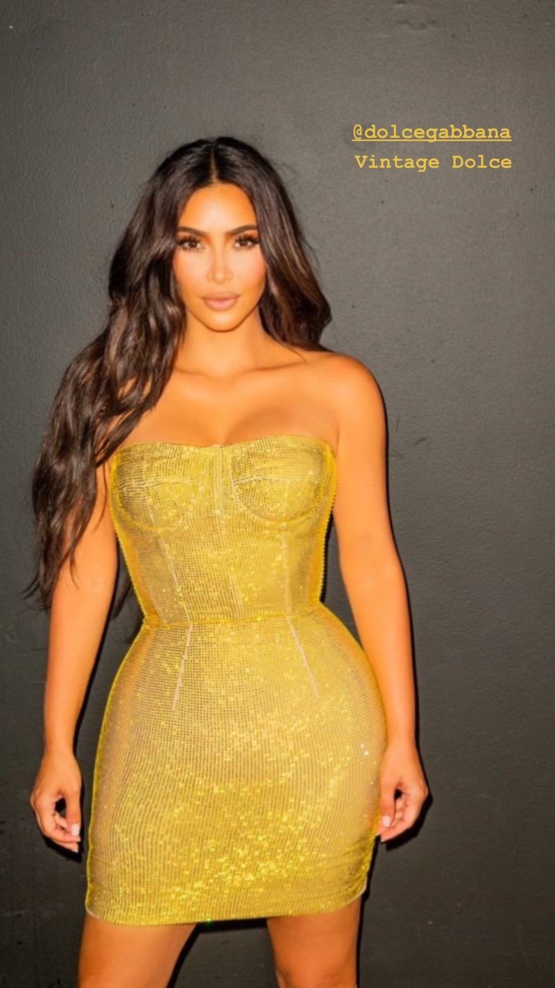 Kim Kardashian Wears Vintage Gold Dolce and Gabbana Strapless Birthday Dress Photos