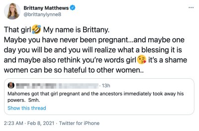 Brittany Matthews Slams Tweet About Her and Patrick Mahomes Pregnancy