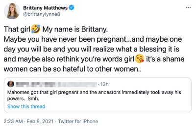 Brittany Matthews Slams Tweet About Her and Patrick Mahomes Pregnancy