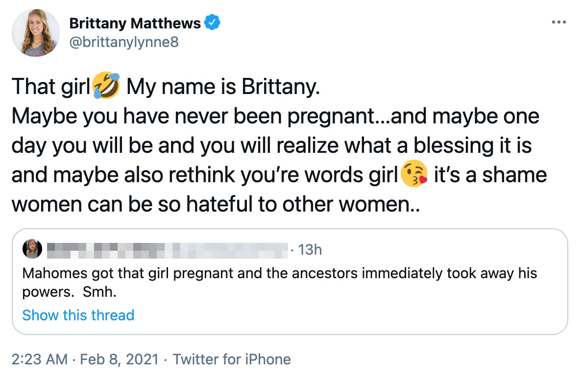 Brittany Matthews Slams Tweet About Her and Patrick Mahomes Pregnancy