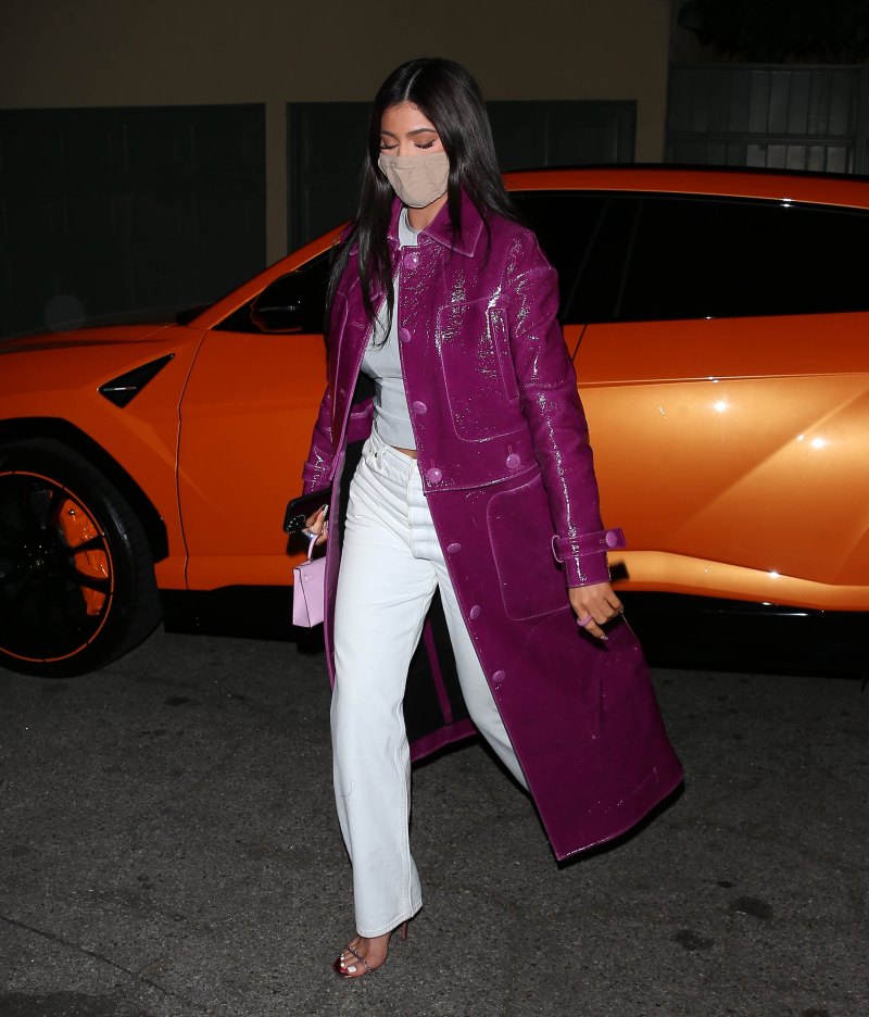 Kylie Jenner Steps Out to Dinner in Los Angeles Wearing a (Pricey!) Purple Trench Coat