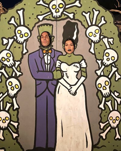 Kourtney Kardashian, Travis Barker Pose as Frankenstein and Bride of Frankenstein at Halloween Dinner Party