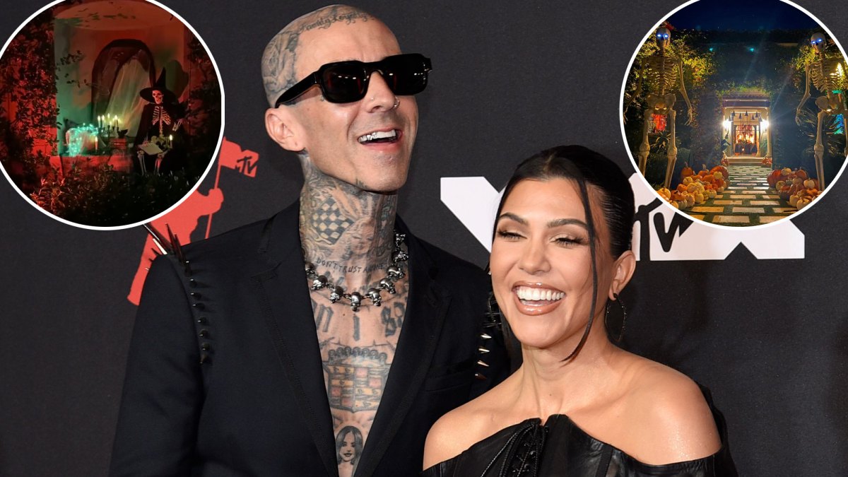 Kourtney Kardashian, Travis Barker Pose as Frankenstein and Bride of Frankenstein at Halloween Dinner Party