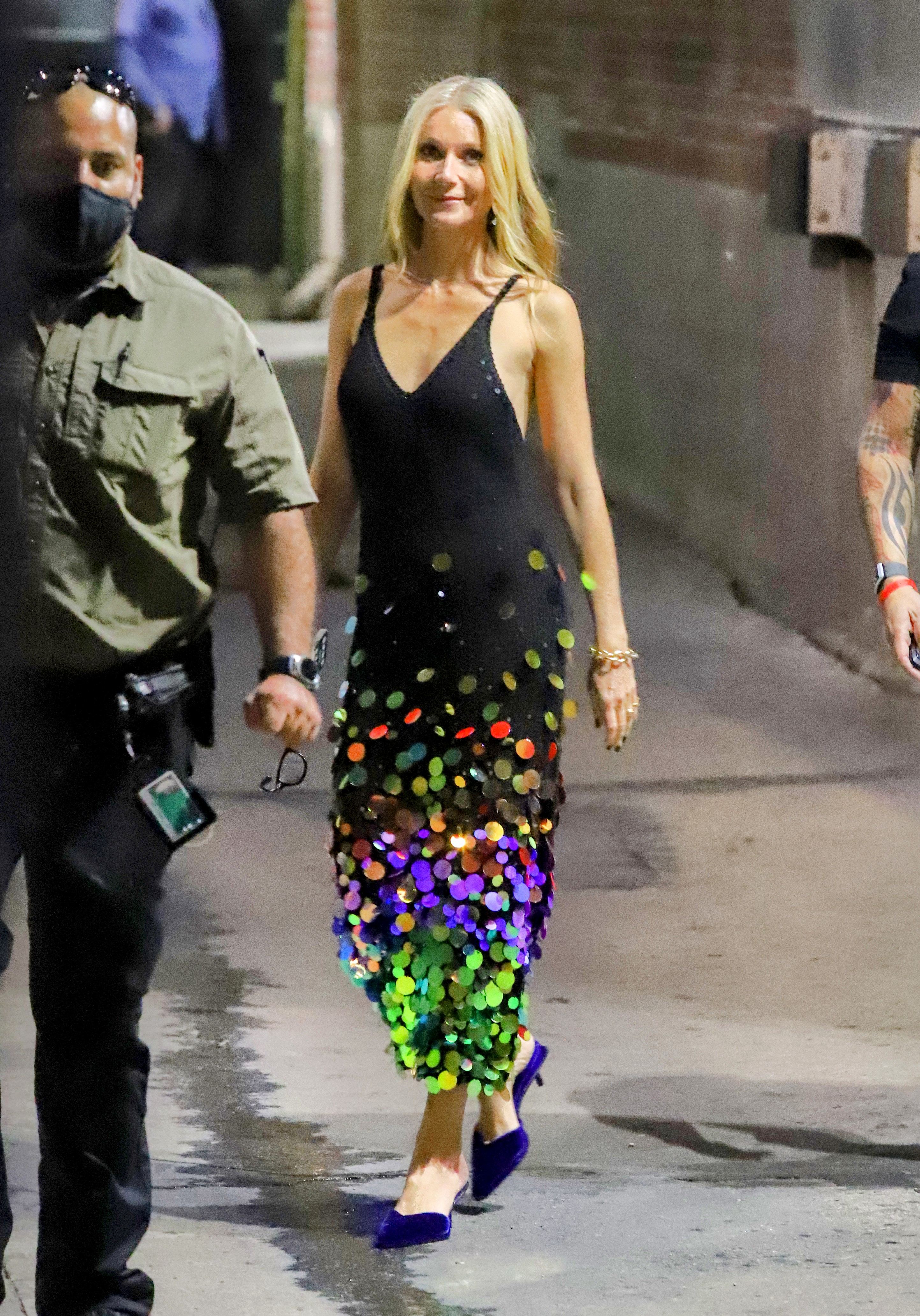 Gwyneth Paltrow Goes Braless in a Slinky Black Dress With Rainbow Sequins: See Photos!