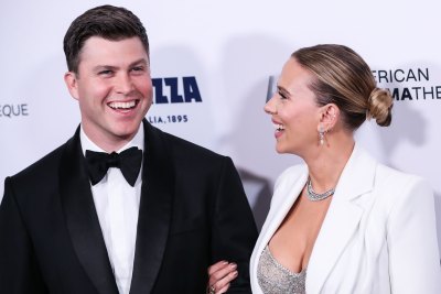 Scarlett Johansson Wears White Suit Laughs With Colin Jost in Black Tuxedo