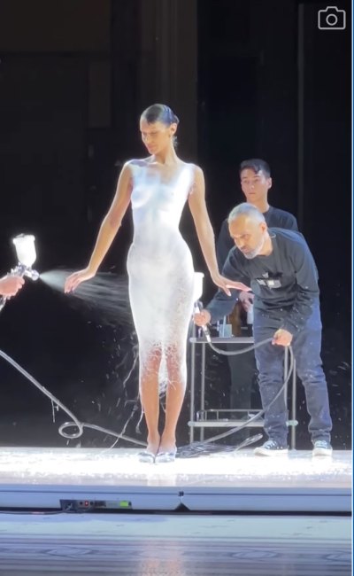 Bella Hadid Has Dress Spray Painted on Half Nude Body: Photos
