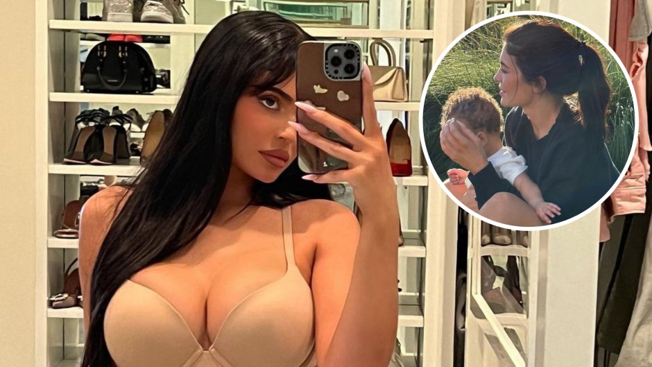 Kylie Jenner posing a nude bra for a mirror selfie; inset of Kylie holding her son and covering his face