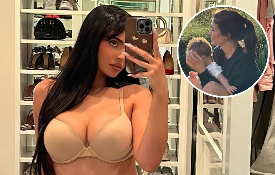 Kylie Jenner posing a nude bra for a mirror selfie; inset of Kylie holding her son and covering his face