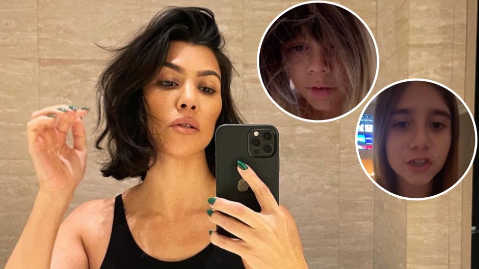 Kourtney Kardashian posing for a mirror selfie; 2 bubble insets of Reign Disick and Penelope Disick