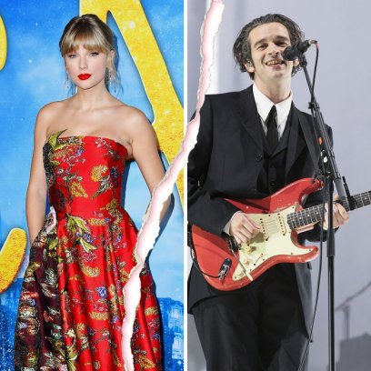 Split image of Taylor Swift (Left) wearing a red and gold dress on the Cats red carpet and (Right) Matty Healy performing in a black suit with a guitar