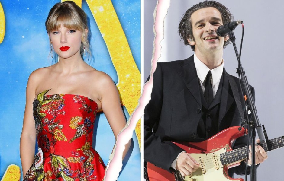 Split image of Taylor Swift (Left) wearing a red and gold dress on the Cats red carpet and (Right) Matty Healy performing in a black suit with a guitar