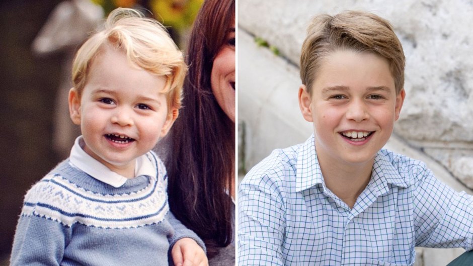 A younger Prince George in a family portrait on the left and a photo of George at 10 years old on the right