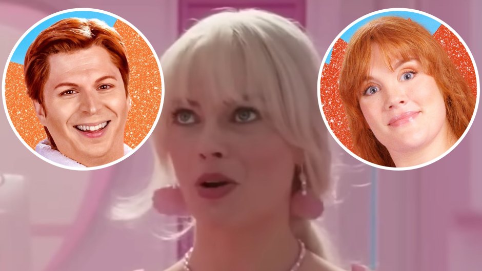 Margot Robbie acting in a scene from Barbie and one inset of Michael Cera from Barbie and one inset of Emerald Fennell from Barbie