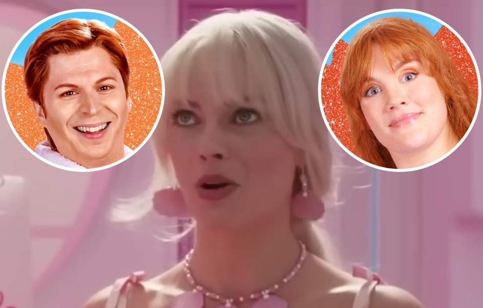 Margot Robbie acting in a scene from Barbie and one inset of Michael Cera from Barbie and one inset of Emerald Fennell from Barbie